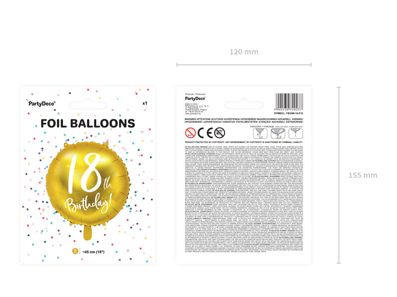 Balon foliowy 18th Birthday złoty 45cm FB24M-18-019 PartyDeco